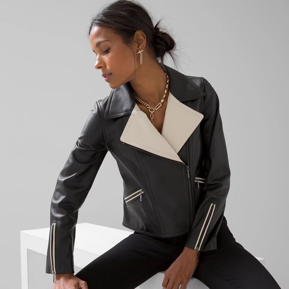 WHBM $500 GENUINE Leather Moto Jacket Beige Black Soft M L